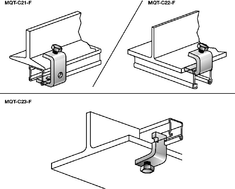 MQT-C-F Beam clamp Hot-dip galvanized (HDG) beam clamp for connecting MQ strut channels directly to steel beams