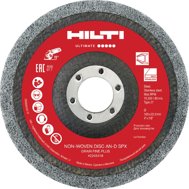 AN-D SPX Non-woven discs with backing Ultimate non-woven grinding discs with fiber backing (Type 27) for finishing stainless steel, aluminum and other metals